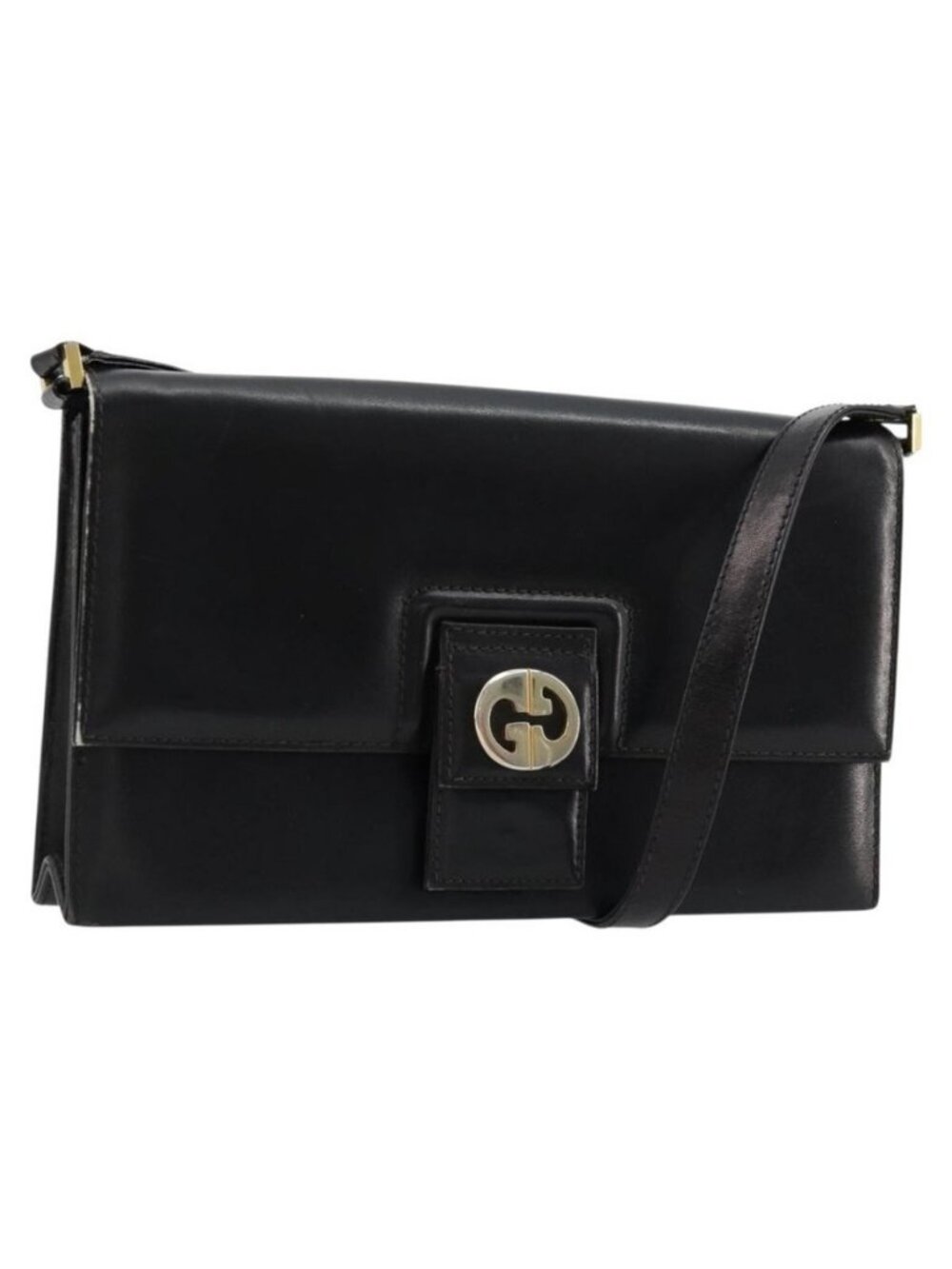 Authentic GUCCI Shoulder Bag Leather Black Gold